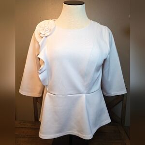 Eloquii White Peplum Ponte Knit Ruffle Top 3/4 Sleeve Size 20